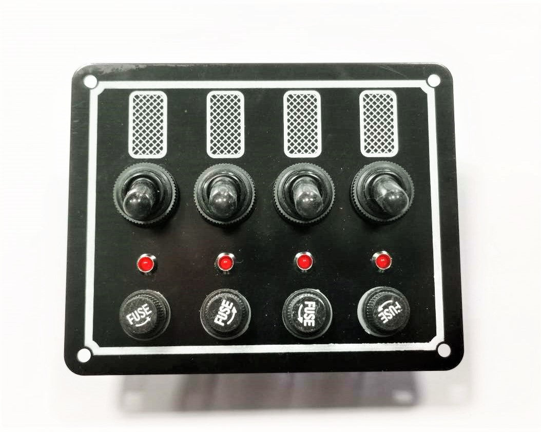 Aluminum switch panel 125x100mm; 12V / 5A Glass fuses